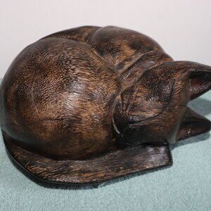 Wooden Hand Carved Curled Up Sleeping  Cat 9”